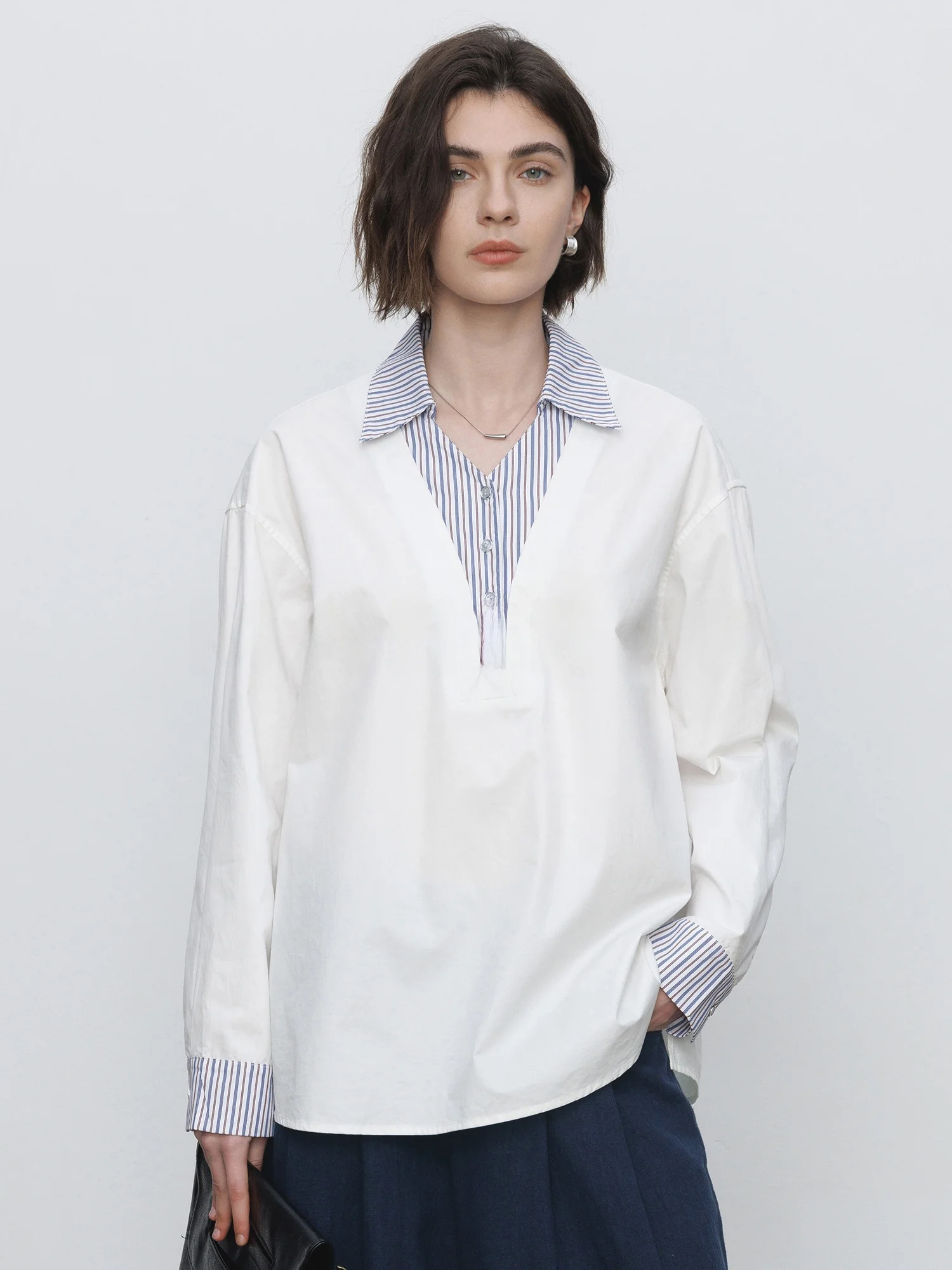 

Maiher Spring 2026 Women's Collar Striped Patchwork irt Casual Loose Fit Breathable Cotton Long Sve Youth Faion