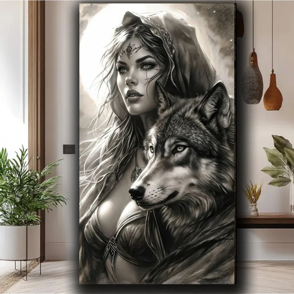 Black White Wolf Woman DIY Diamond Art Painting Large Size Full Square Round Diamond Mosaic Portrait Animal For Home Decor