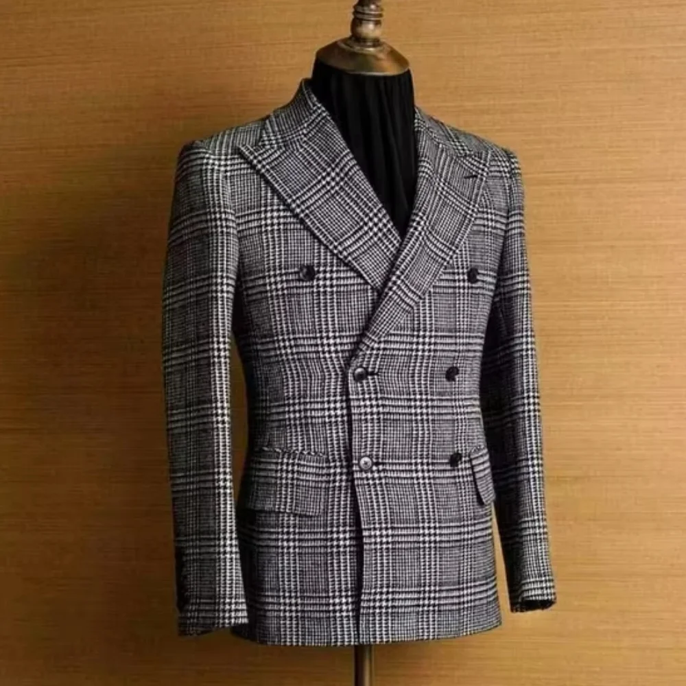 Check Men Blazer for Wedding/Business Party Plaid Peak Lapel Double Breasted Houndstooth Suit Jacket Male Fashion 1 Pc Coat