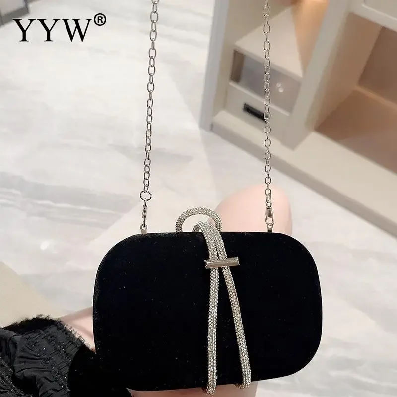 Elegant Evening Clutch Bag Box Bag Black Velvet With Chain Rhinestone Handbags Female Clutches Party Wedding Bag Crossbody Bags