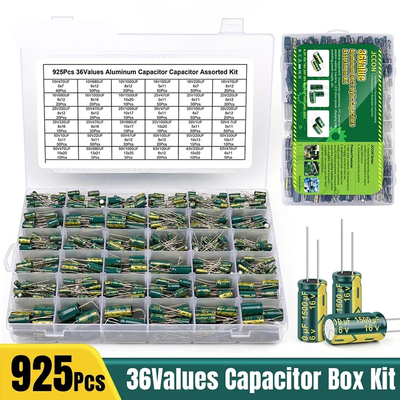 kit-campionario-di-condensatori-elettrolitici-in-alluminio-ad-alta-frequenza-con-foro-passante-925-pezzi-36-valori-di-resistenza-10v-470uf-63v-470uf