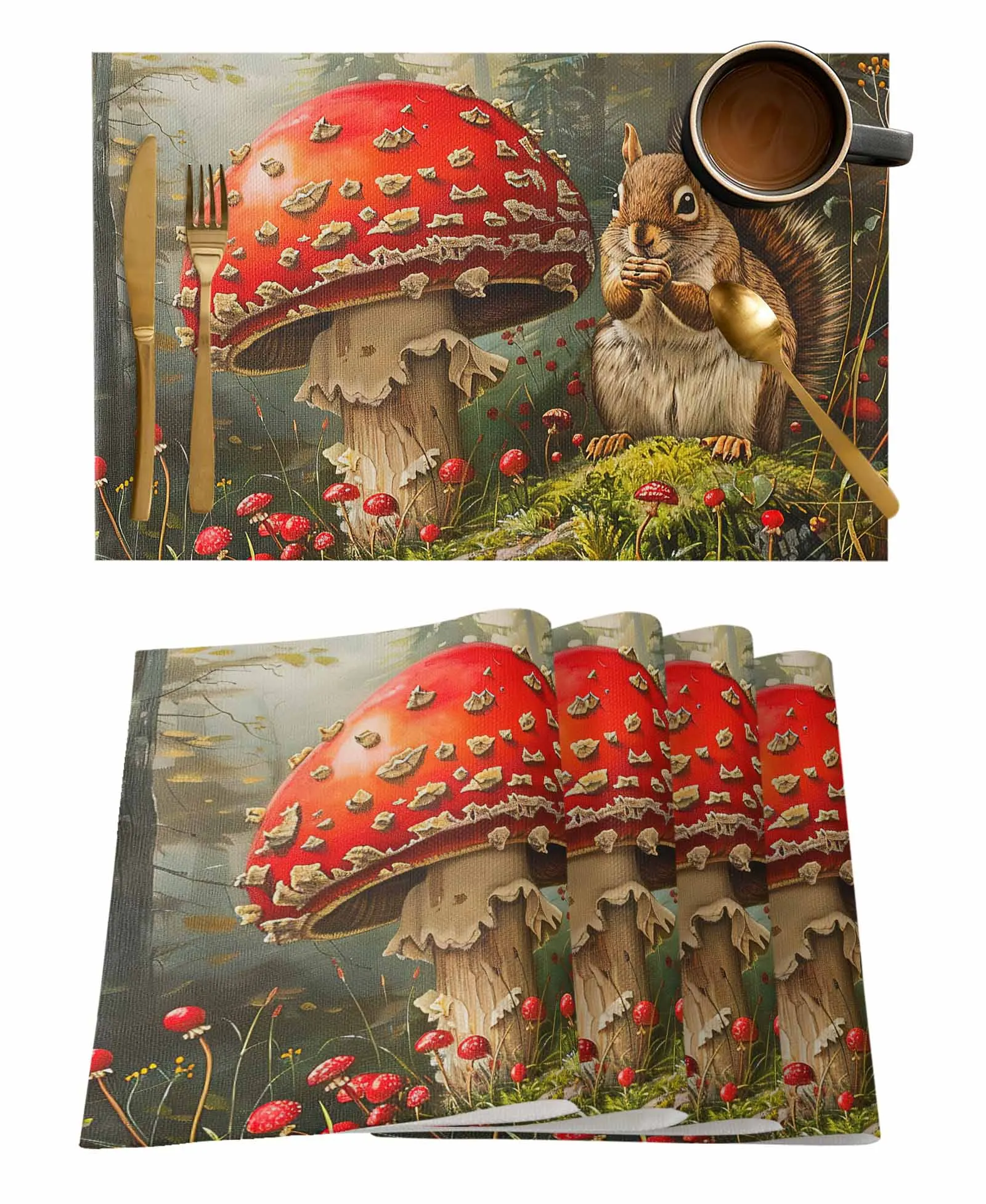 4/6 Pcs Autumn Forest Mushroom Squirrel Kitchen Placemat Dining Table Decor Table Mat Home Decor Coffee Tea Pad Cup