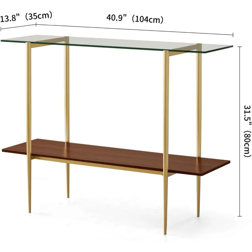 Mid-Century Modern 2-Tier Glass Top Sofa Table with Walnut Finish for Living Room, Foyer, and Entrance