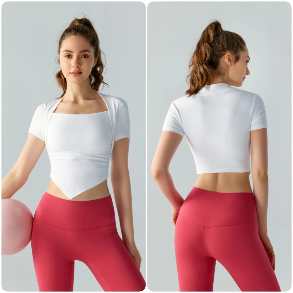 Fashion Fake Two-piece Yoga Suit with Short Sleeves Semi Fixed Droplet Cup Pleated Fitness T-shirt Running Breathable Sports Top