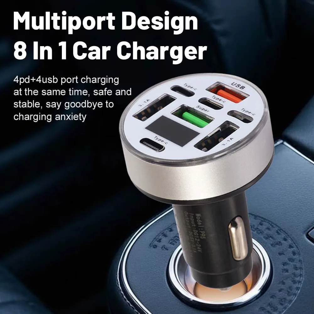 8 Ports Car Charger Fast Charging Digital Display USB Type C Car Phone Charger Adapter for iphone samsung huawei - view 3