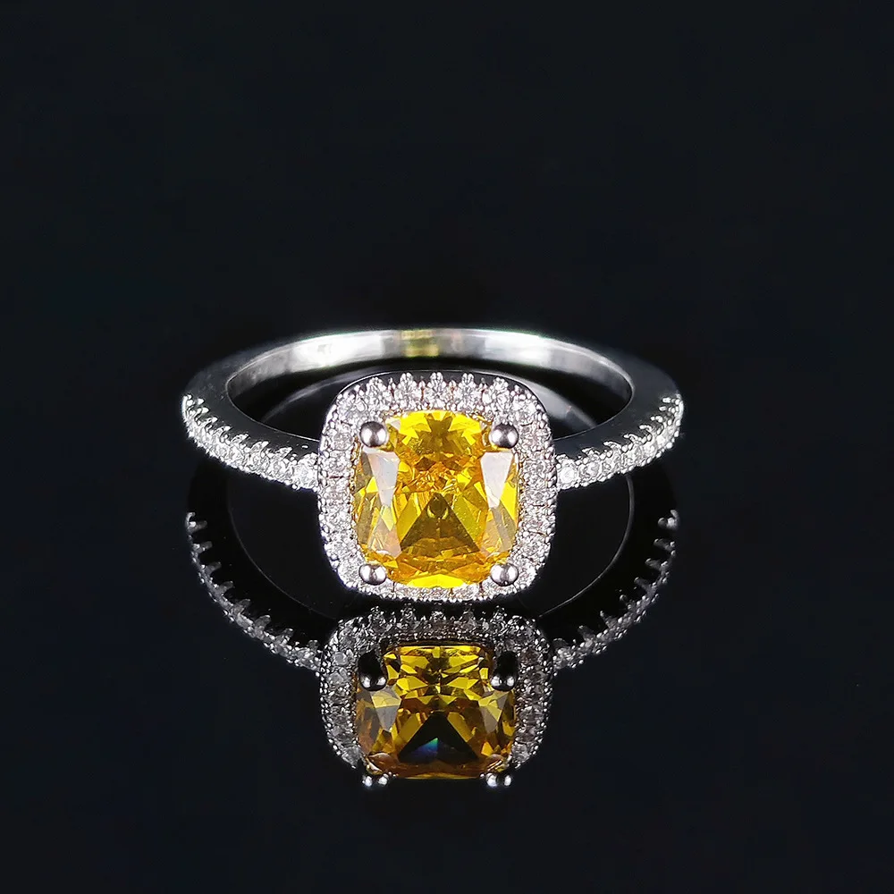 Princess Cut Square Natural Yellow Citrine 925 Sterling Silver Geometric Ring for Women Engagement Statement Gemstone Jewelry