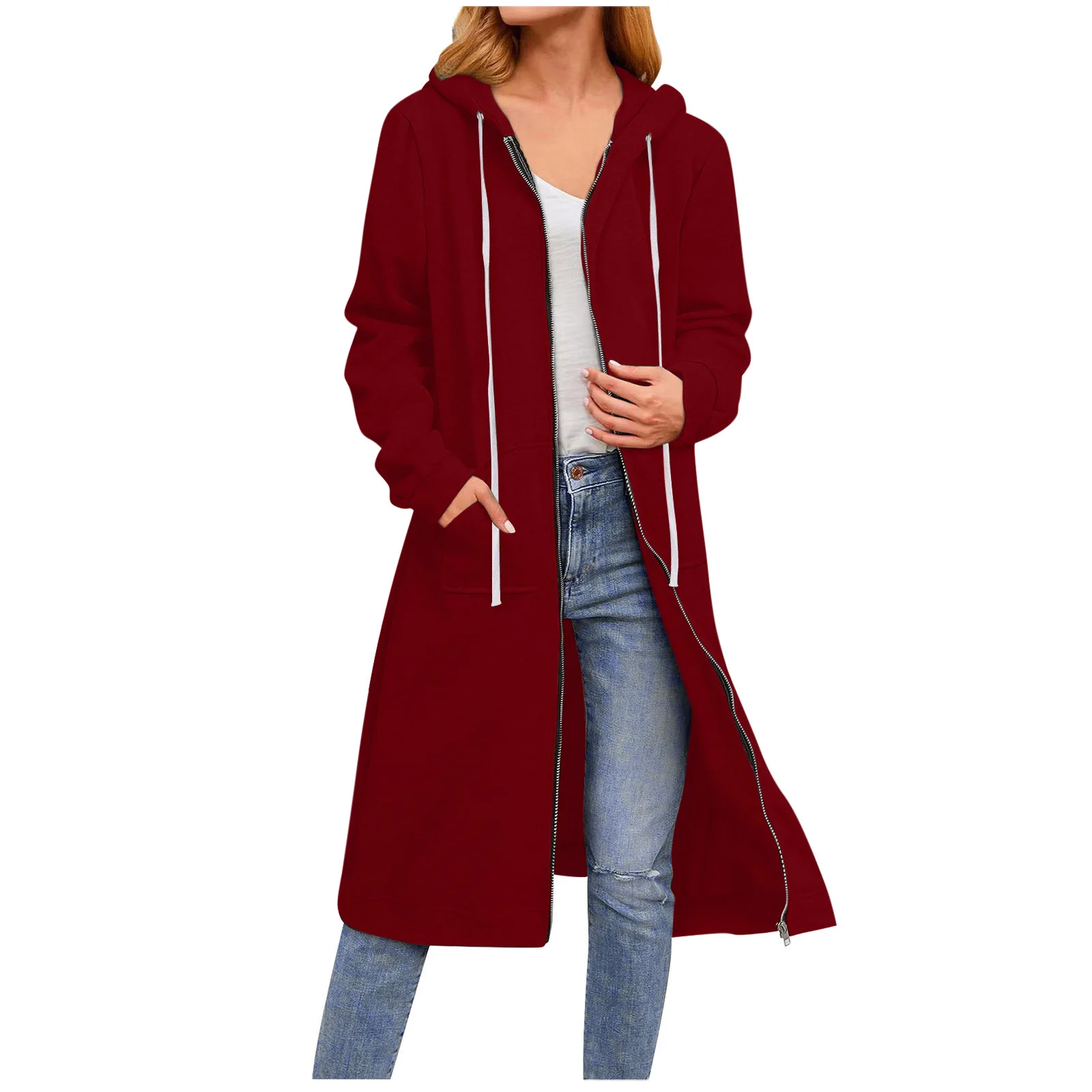 New women\'s Europe and the United States in the fall and winter new pure color loose zipper long section hooded jacket female