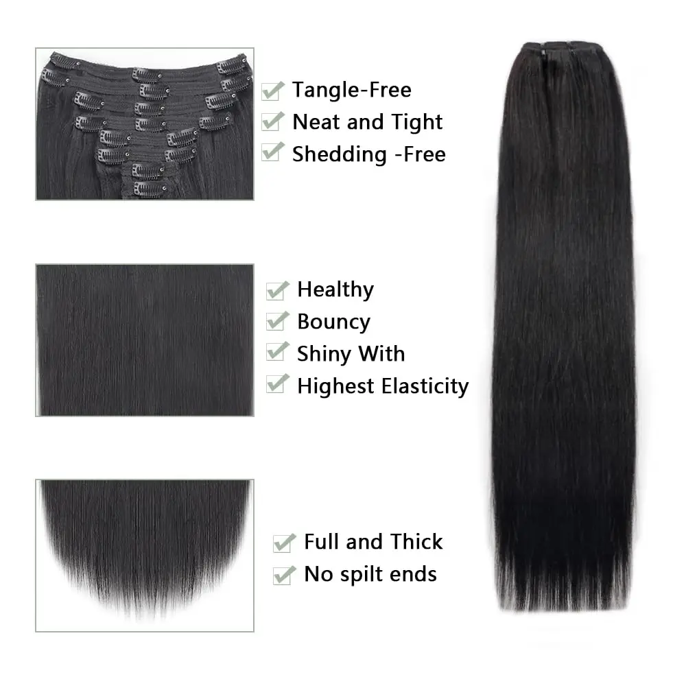 Extensiones de cabello con Clip, cabello humano liso, 100% sin procesar, cabeza completa, cabello humano virgen brasileño, Color Natural, Clip ins Hair