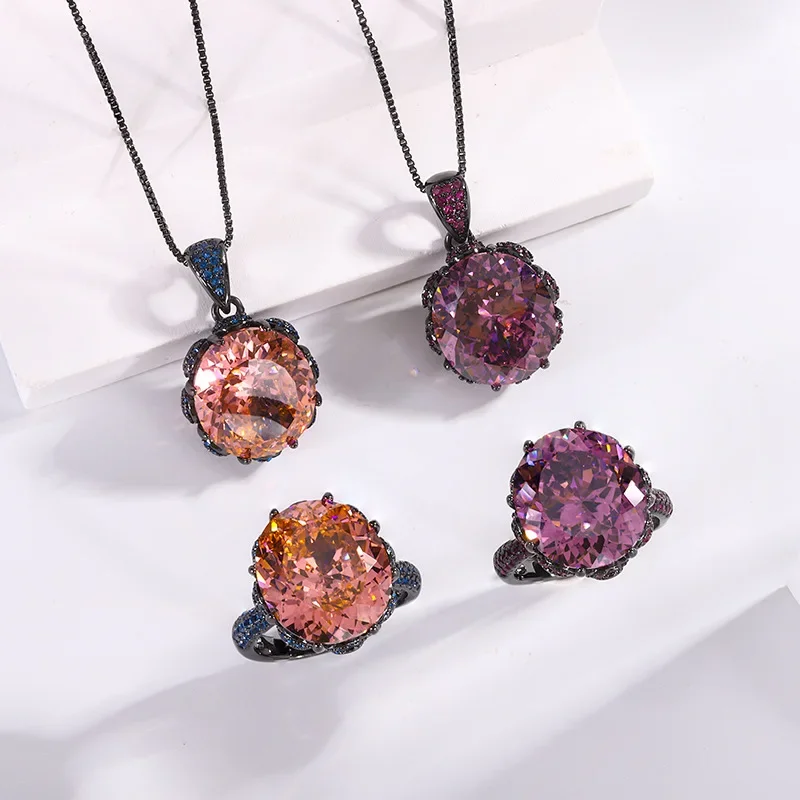 New jewelry bird's nest dry rose padparadscha light luxury black gold cultivated gemstone set 14*16 women's jewelry