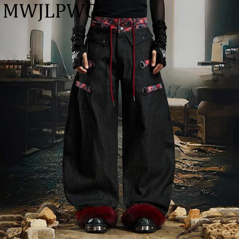 

MWJLPWQ Мужские джинсы в клетку в стиле пэчворк Y2K Niched со съемным подолом High Street Hem, повседневные широкие брюки Machete 12223