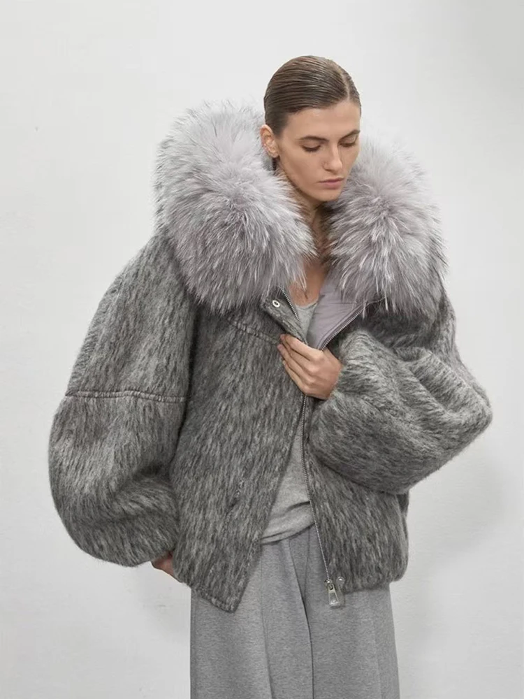 Grube Szare Płaszcze z Imitacji Futra Lisa Damskie Zimowe Luźne Parki z Naszytym Kołnierzem z Futra Ciepłe Y2K Streetwear Uniwersalne Puszyste Okrycia Wierzchnie Nowe