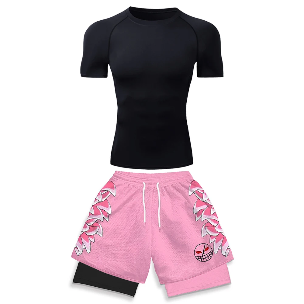 Ropa Deportiva de Alta Elasticidad para Hombre, Camiseta de Compresión Blanca y Pantalones Cortos Deportivos con Estampado Gráfico 3D Rosa, Ropa de Gimnasio y Running con Diseño de Anime