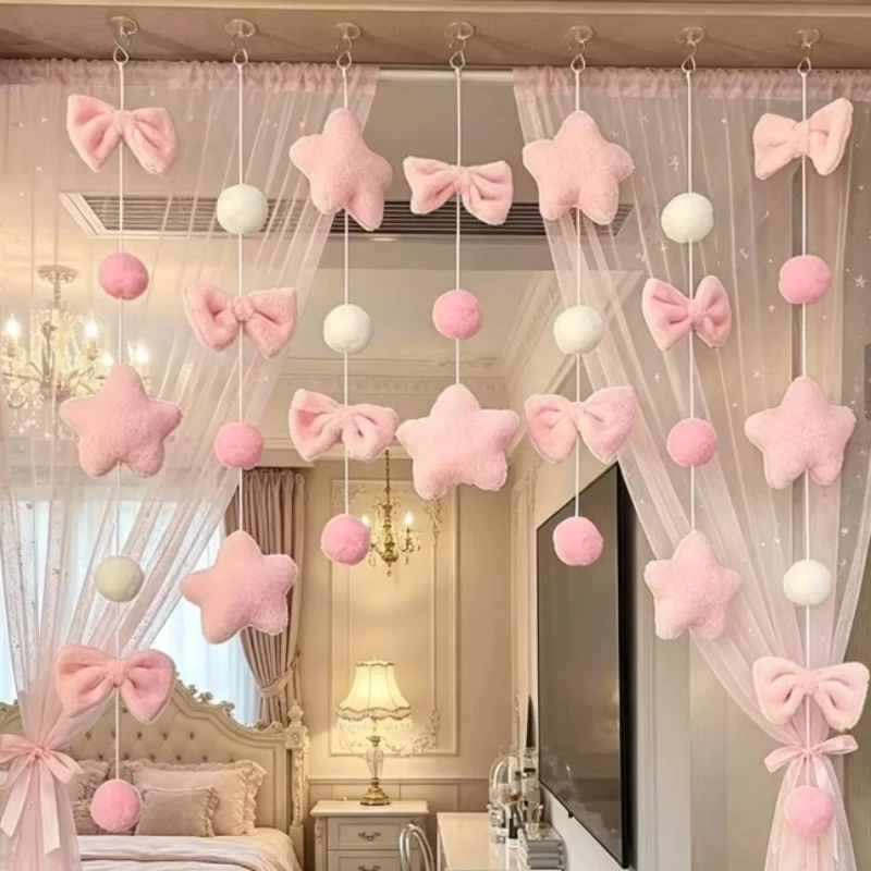 7 Stück/Set Bogenherz-Sternen-Vorhang, Raumteiler, romantischer rosa Quastenvorhang, kurzer Türvorhang, Raumteiler, handgefertigter DIY-Raumteiler – Detail 8