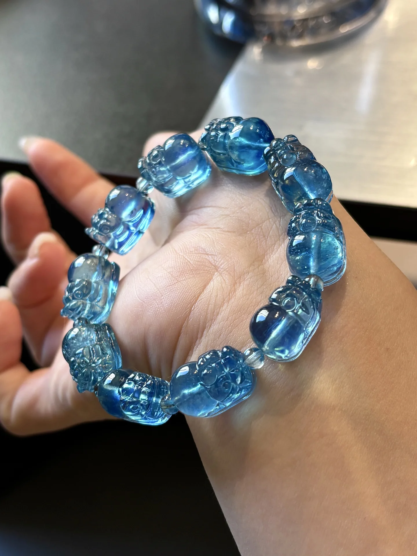 

Natural Blue Aquamarine Clear Flower Beads Bracelet Women Men Brazil 16x11.2mm Stretch Blue Aquamarine Jewelry AAAAA