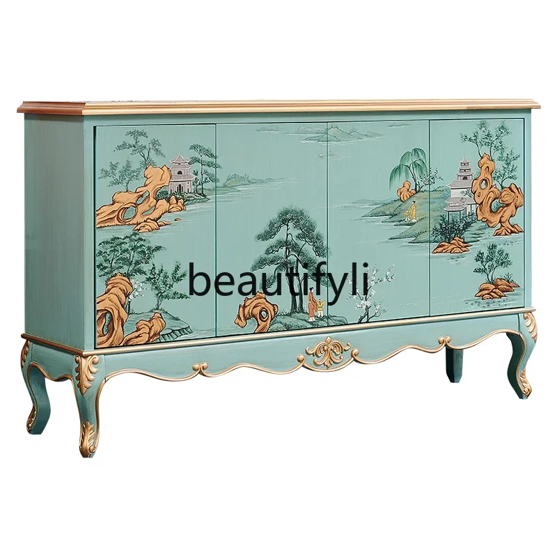 

xzzLiving room solid wood hand-painted gold-painted luxury green decorative cabinet New Chinese dining side storage tea