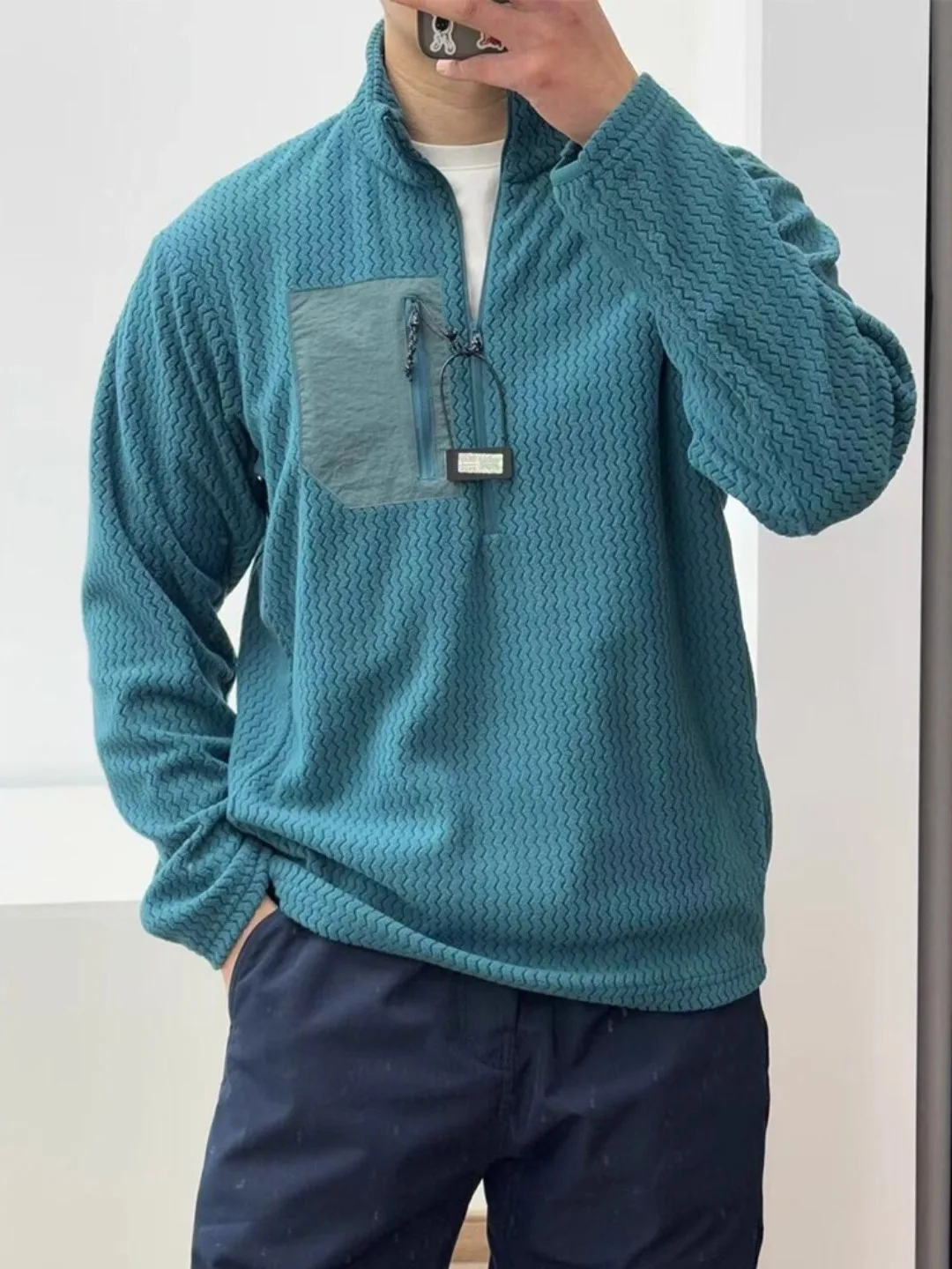 

Мужская толстовка на флисовой подкладке с воротником-стойкой и молнией, для активного отдыха, с узором «Сосновая хвоя», теплая, осенняя, модная