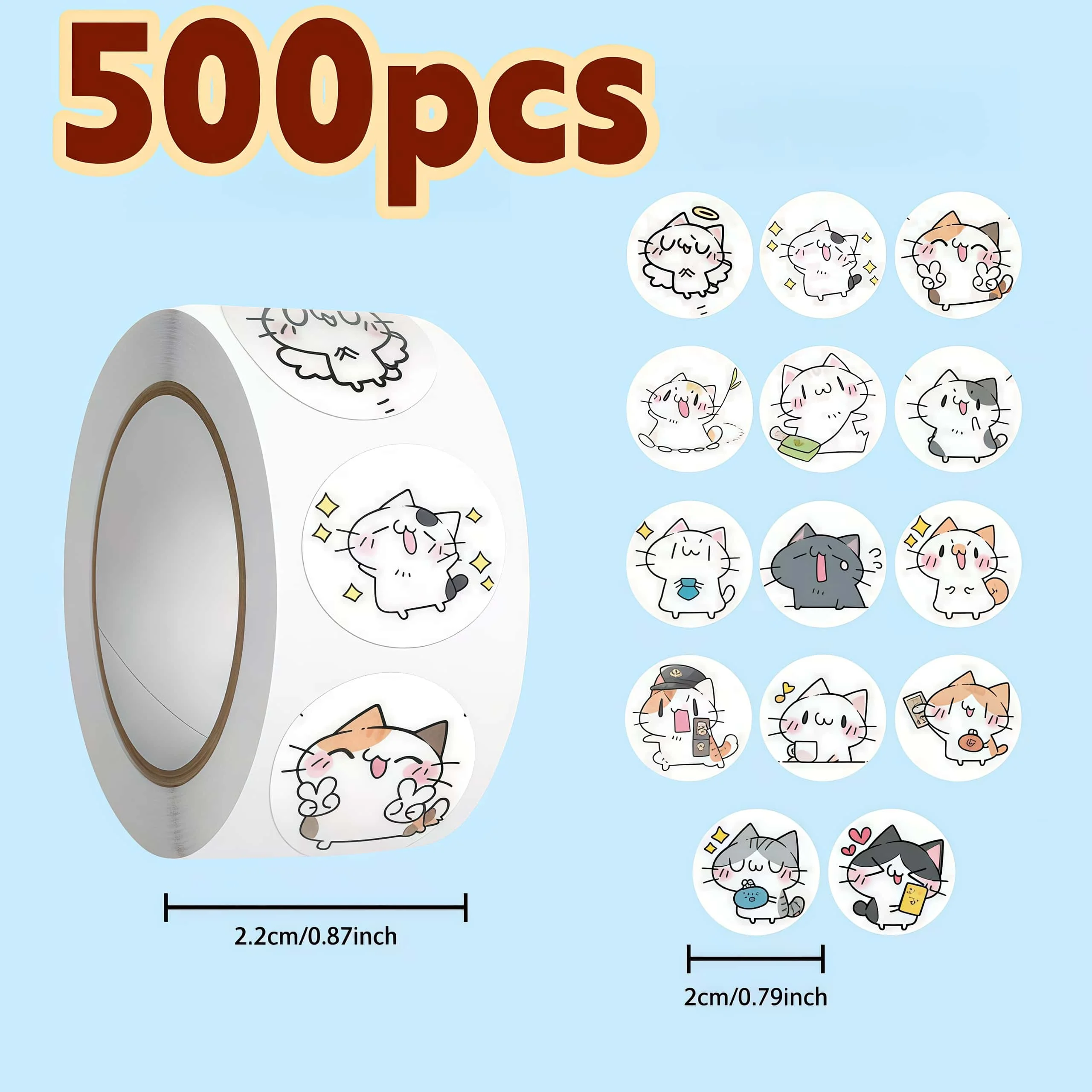 500Pcs Cute Cartoon Cat Expression Round Sticker Roll, Multi Funny Kitten Pattern Labels for Package Sealing Journal Scrapbook