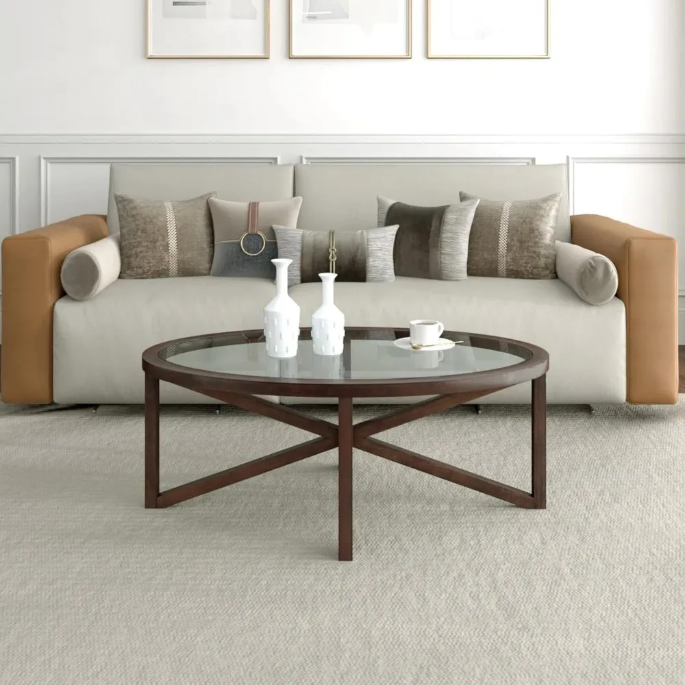

Glass Coffee Table,Tempered Glass Coffee Table Solid Wood Base Round Transparent Glass Top Living Room Table Set Cherry