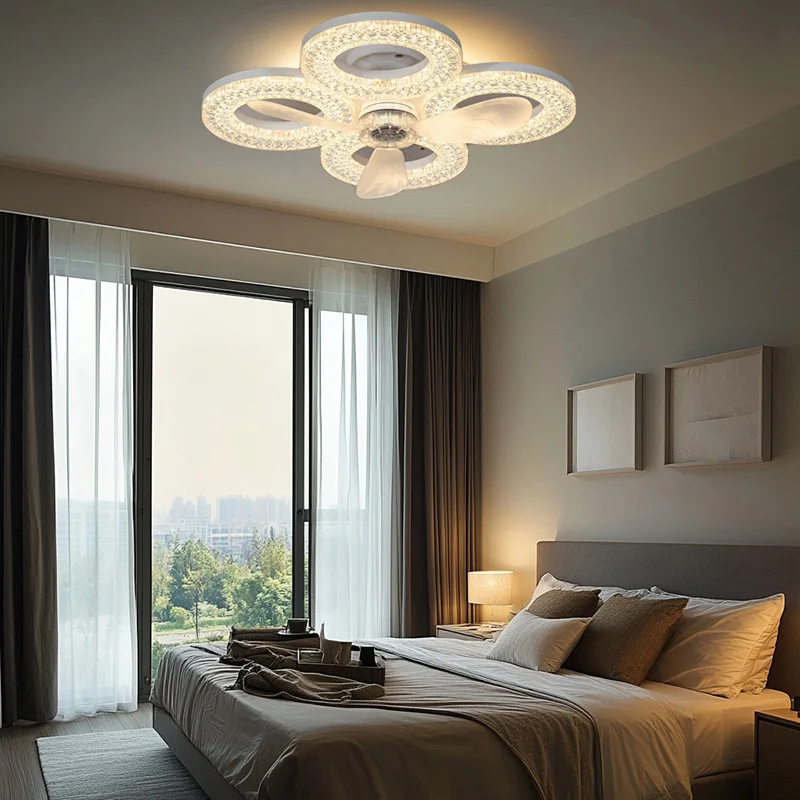 

Dual Base Ceiling Fan Light E27 Wiring Stepless Dimmable 3 Speeds Timer LED Lamp for Living Room Bedroom Modern Home Extra Decor