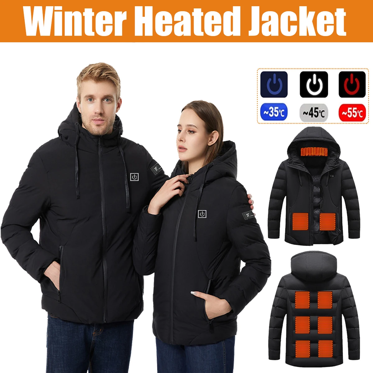 Men's Heated Jacket, Winter Warm Outdoor USB Electric Heated Jacket with 9 Carbon Fiber Heating Pads, 3 Temperature Levels