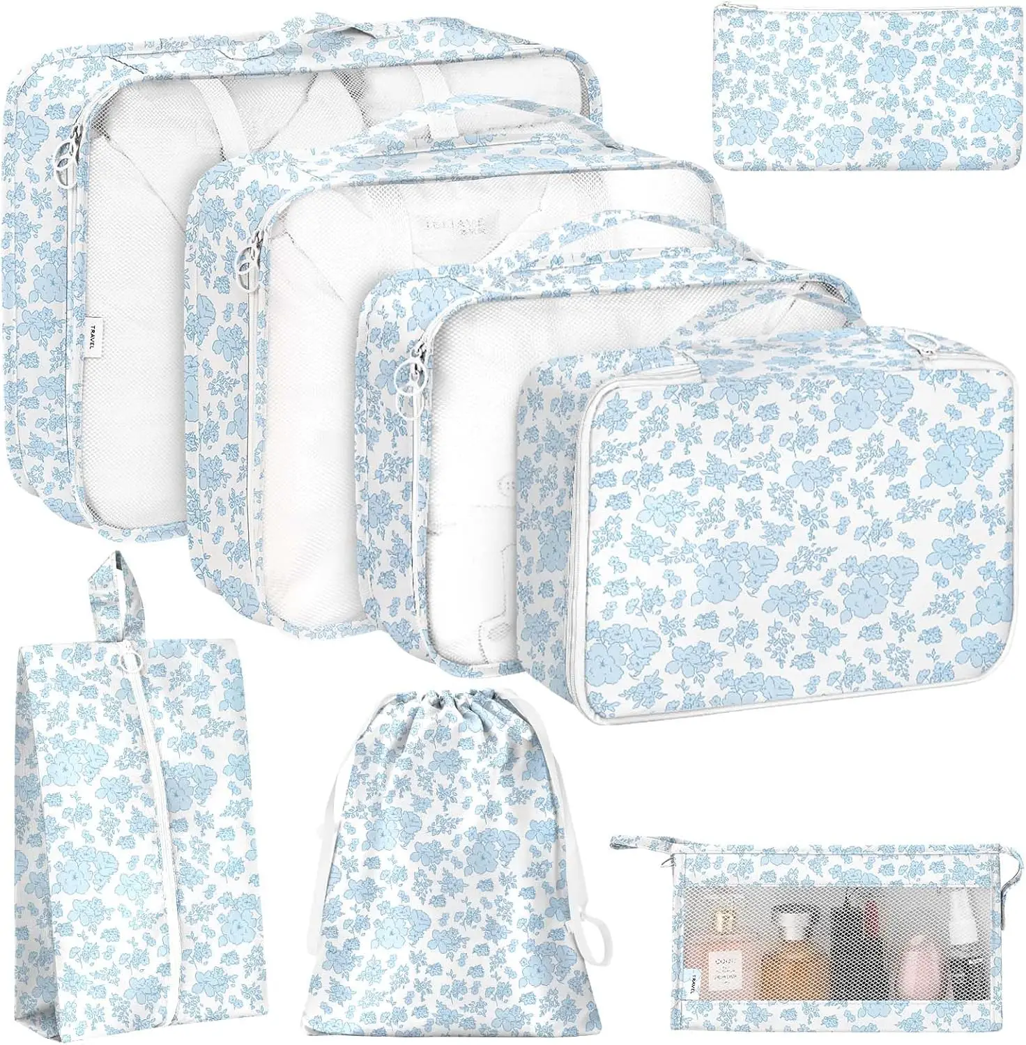 

8 Set Packing Cubes for Travel, Luggage Organizers with Large Toiletries Bag for Clothes Shoes Cosmetics Blue Flower