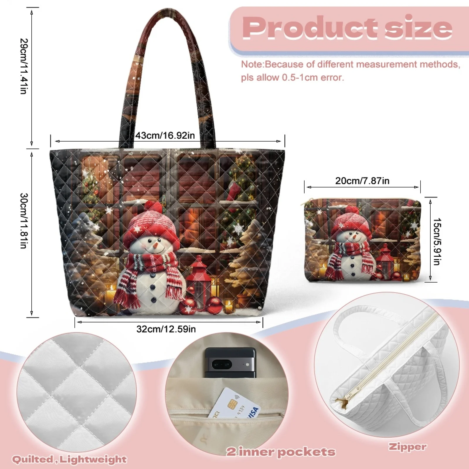Coloranimal Snowman Set 2 Piece Quilted Tote Bag Handbag with Wallet for Casual Outings Everyday Use New Trend
