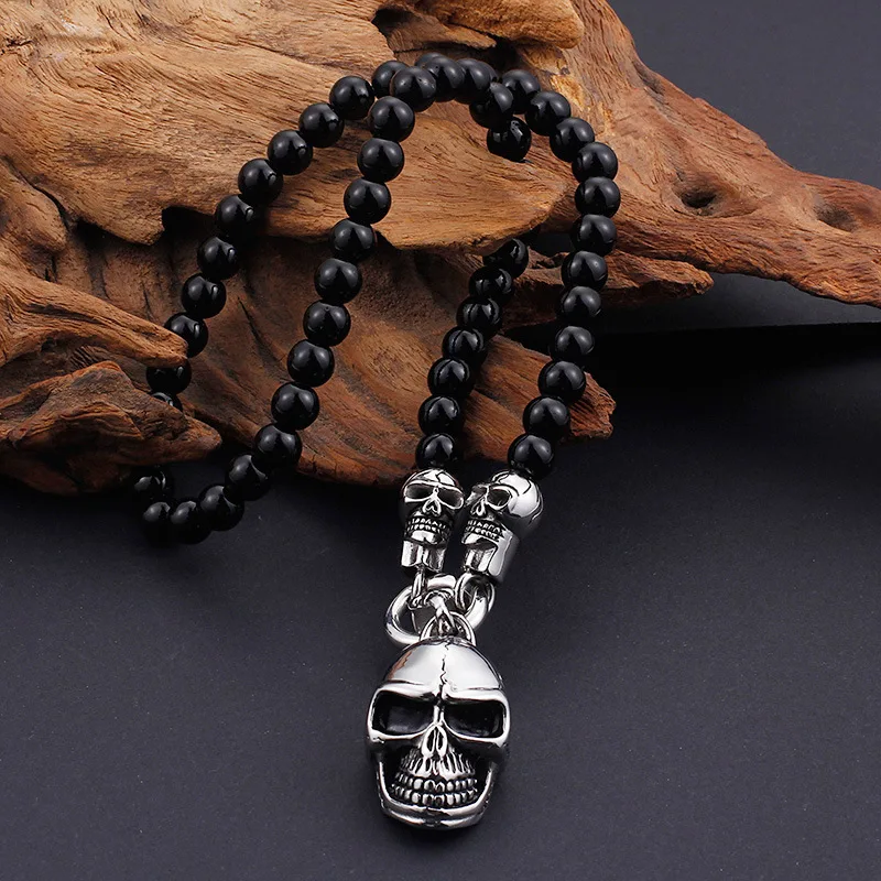 Punk Retro Skeleton Skull Necklaces & Pendant Hiphop Rock Stainless Steel Black Bead Cross Necklace Jewelry For Men Women