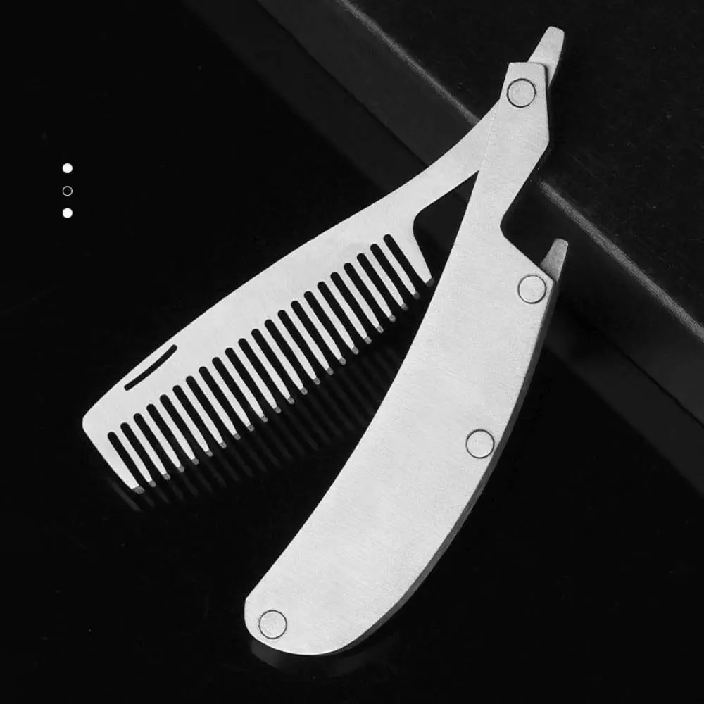 Portable Stainless Steel Beard Comb Fine and Coarse Teeth Multi-Function Double-sided Hairdressing Comb Pocket Size Folding