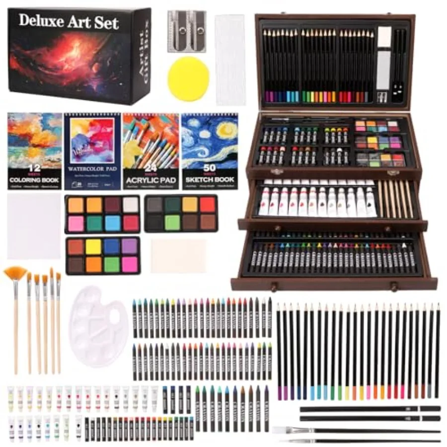 

Набор для творчества Deluxe из 188 предметов: скетчбуки, акриловые краски, мелки, масляная пастель, акварельные краски, цветные карандаши, набор для рисования K