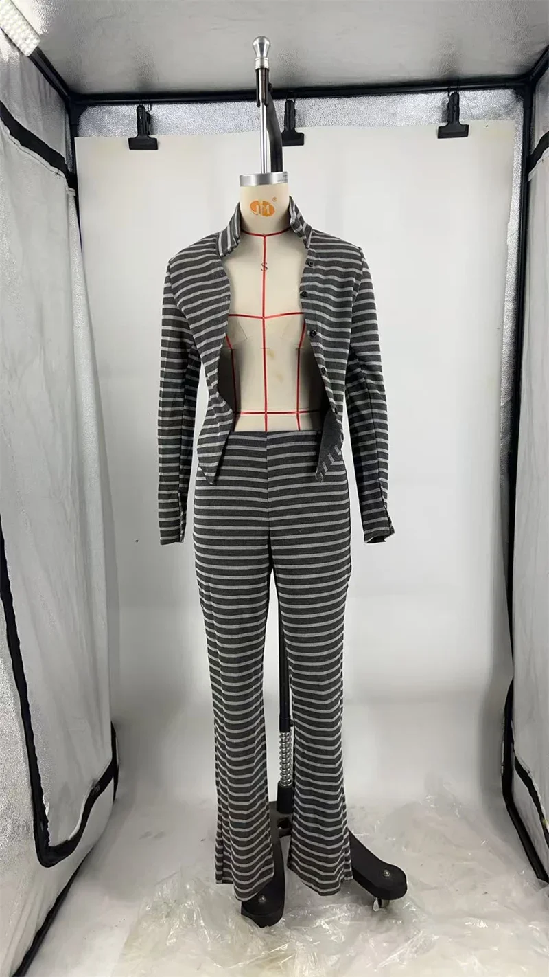 Doyerl Knitted Striped Two Piece Set Woman Autumn Winter Long Sleeve Single-breasted Knit Top and Pants New in Matching Sets