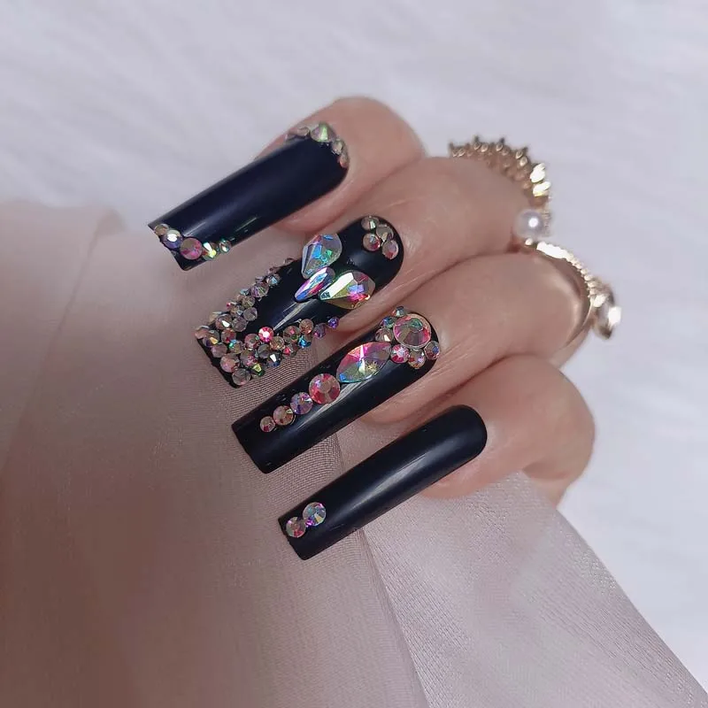 24pcs luxury jewelry wide head Crystal full of diamonds press on nails long ballet coffin fake nails black