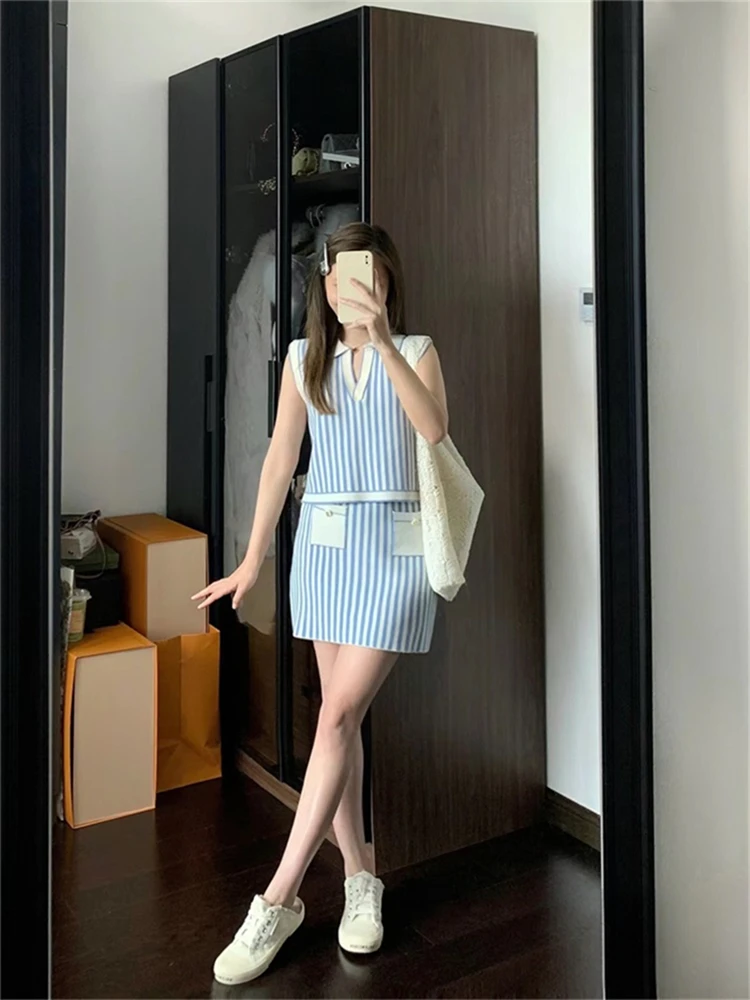 Colorfaith WS9930DG 2024 Elegant Knitted Striped Sets 2 Pieces Korean Fashion Tops With Mini Skirts Spring Summer Women Suits