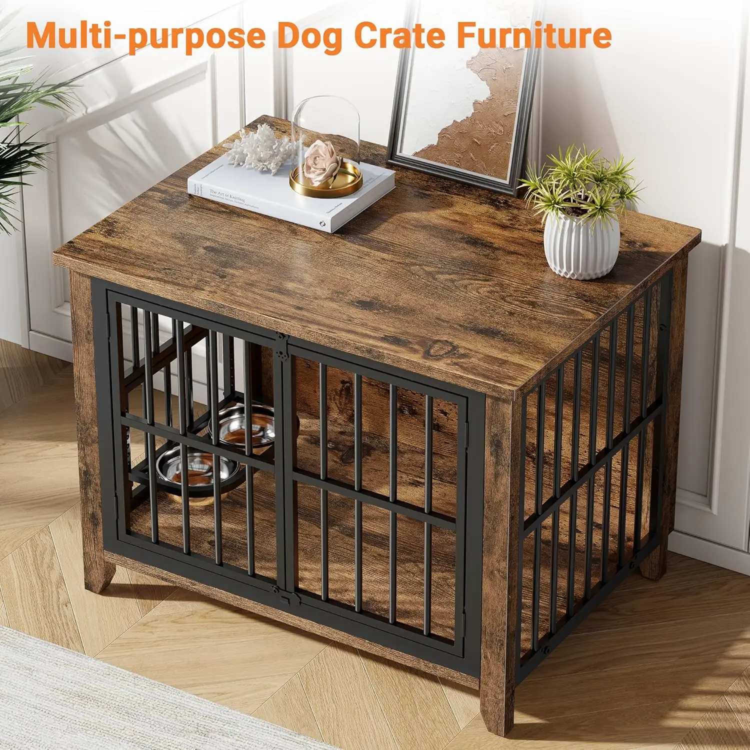 أثاث قفص للكلاب مقاس 31.5 بوصة، بيت كلب خشبي داخلي مع 360 درجة °   وحدة تغذية دوارة ووعاءين قابلين للتعديل، طاولة جانبية مزخرفة