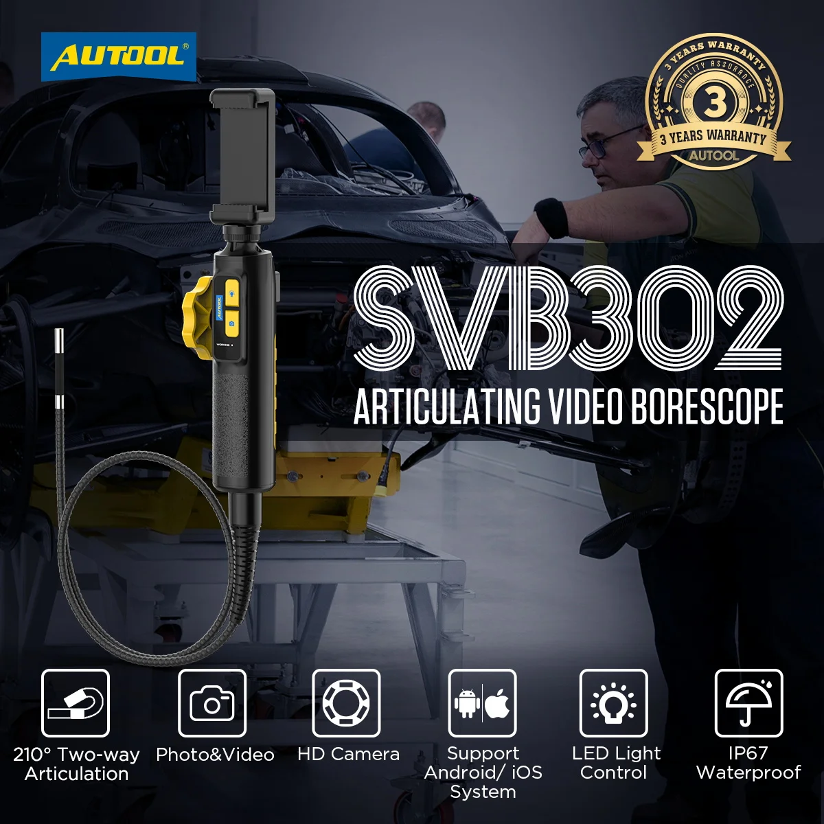 AUTOOL SVB302 New Car Industrial Endoscope Automotive Inspection Camera USB Video Borescope for Mobile Phones Waterproof IP67 ﻿