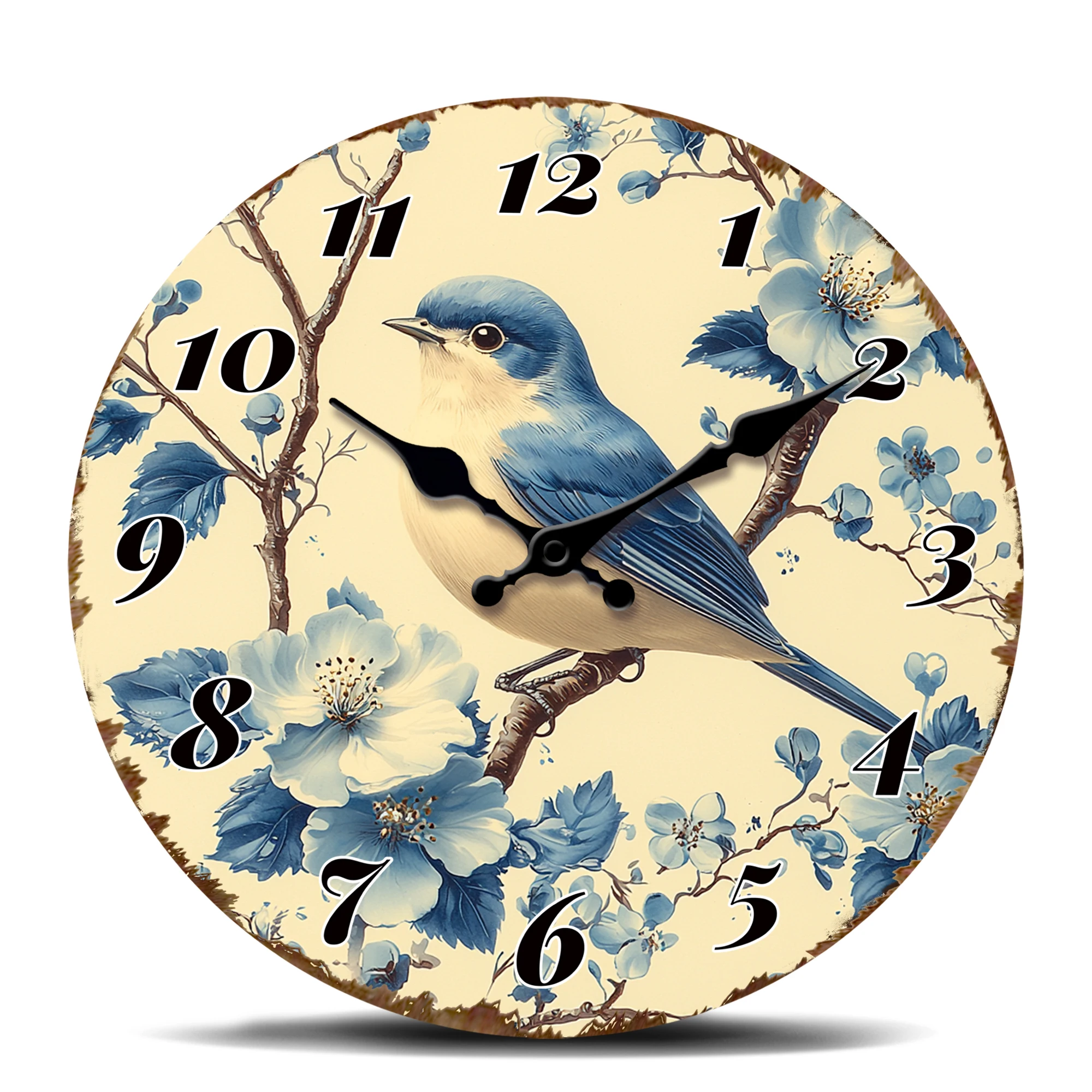 Blue Bird on Cherry Blossom Round Wall Clock, Spring Floral Design, Eco-Friendly Material Decorative Silent Quartz Clock for Off