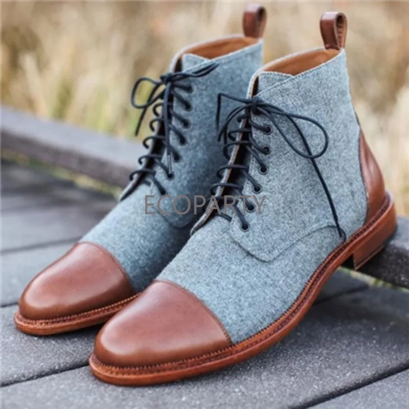 2023 Autumn Flat Bottom Slope Heel Pointed Combination Fabric Lace Up Panel Versatile Casual Vintage Men\'s Short Boots Martens