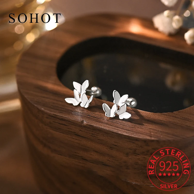 

Real 925 Sterling Silver Butterfly Piercing Screw Bead Mini Stud Earrings for Charm Women Trendy Fine Jewelry Accessories
