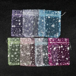 50pcs/lot 10x12cm Printing Star Organza Bags Small Christmas Drawstring Gift Bag Charm Jewelry Packaging Bags & Pouches