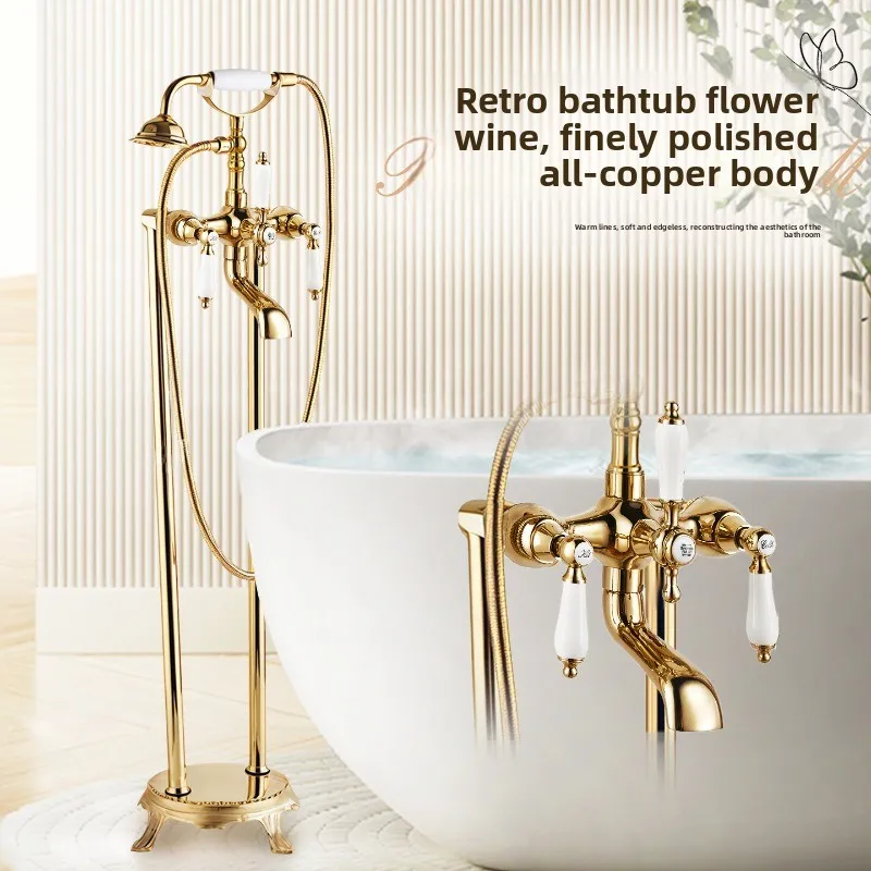 

Vintage Brass Freestanding Bathtub Faucet with Ceramic Handle Gold Shower Set