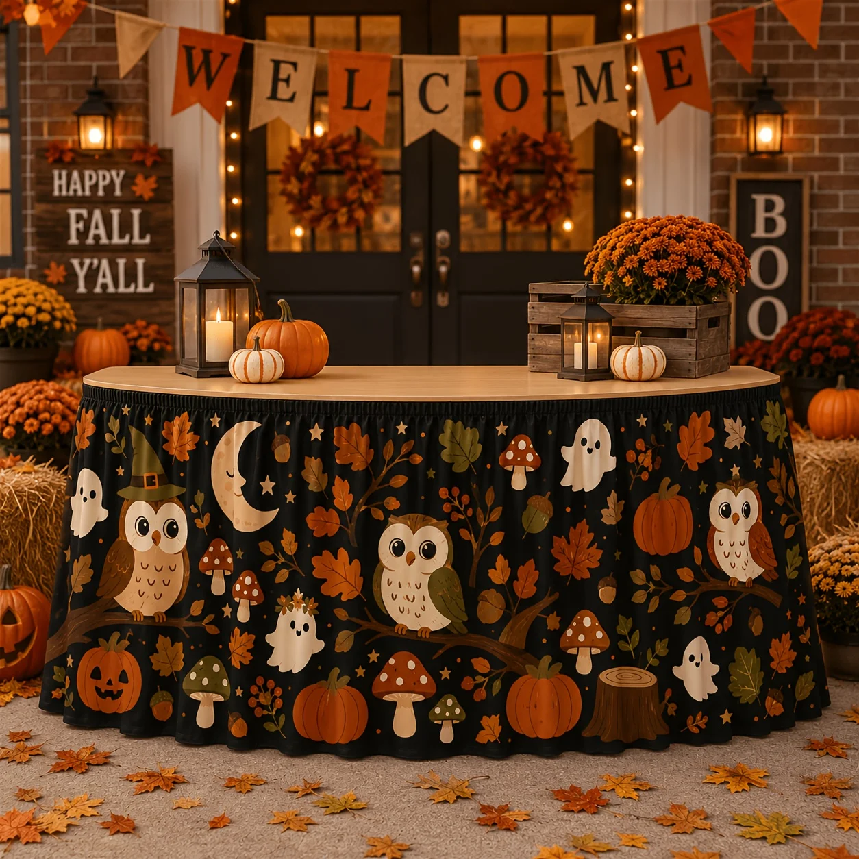 1 piece table flag table skirt, cute woodland Halloween table skirt, black background autumn forest Halloween party decoration