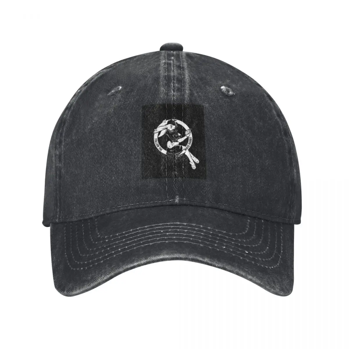 Follow The White Rabbit White On Black Base Baseball Caps Vintage Denim Washed Headwear Unisex Style Outdoor Running Hats