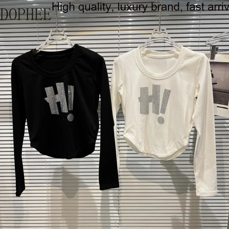 

Autumn 2023 New Fashion Letter Hot Drilling Long Sleeve Bottoming Top Slim Women T-shirt O-neck Long-sleeved Pullover Crop Tees