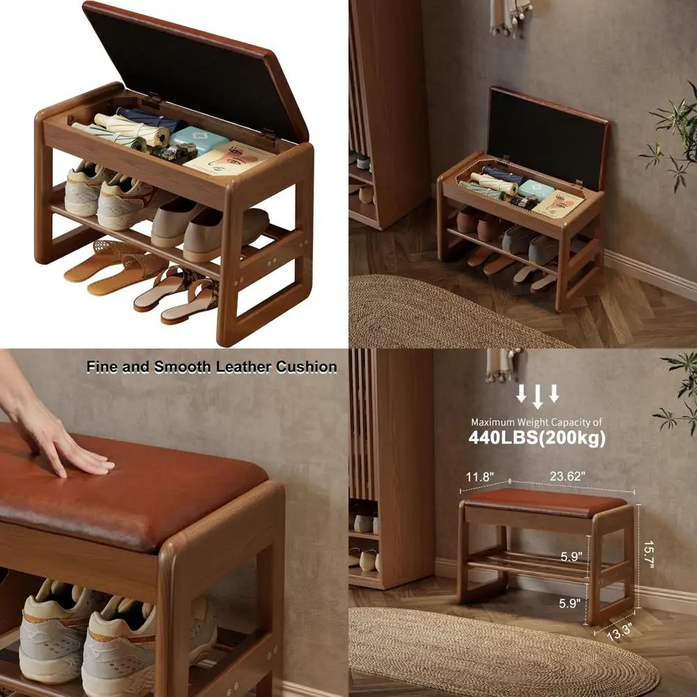 

Double-Tier Leather Cushioned Shoe Storage Bench for Entryway in Orange, 23.62 Inches