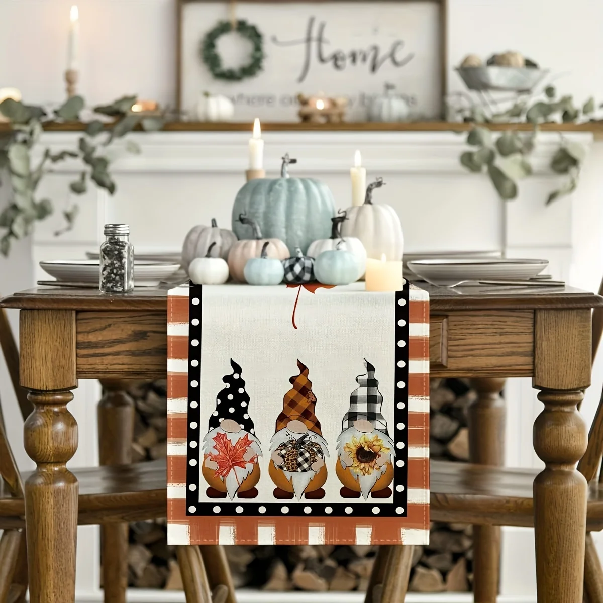 1 Piece of Autumn Dwarf Pattern Table Runner, Painted Pumpkin, Maple Leaf, Plaid Dwarf, Suitable for Restaurant, Home, Harvest Party, Market Decoration.