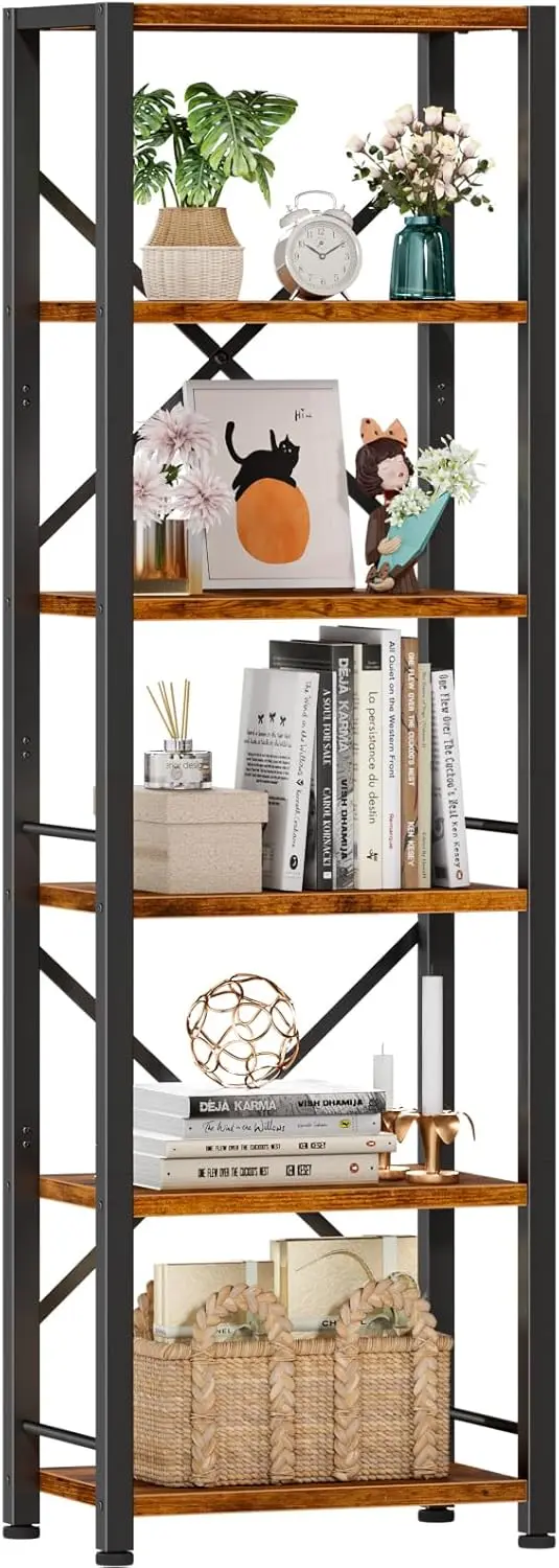 

6-Tier Narrow Bookshelf, Industrial Bookcase, Metal & Wood Storage Rack for Living Room, Home Office, Rustic Brown