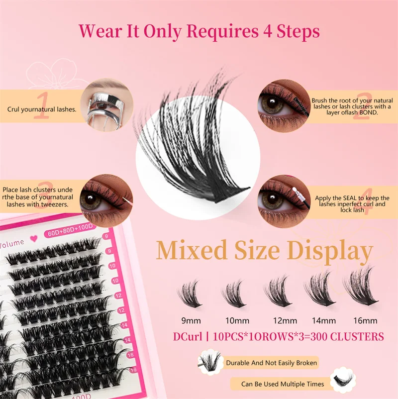 1 caixa de 300 clusters de cílios macios misturados com cílios postiços naturais segmentados enrolados C/D grossos de grande capacidade
