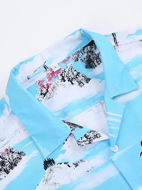 قميص رجالي مطبوع بزر واحد وياقة، بأكمام قصيرة وقصة ضيقة، مصنوع من ألياف البوليستر، أنيق وعصري للصيف مع جيب