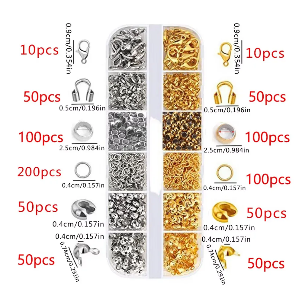 1set Stainless Steel End Crimps Beads Lobster Clasp Jump Rings Set for DIY Earrings Bracelet Necklace Jewelry Making Accessories
