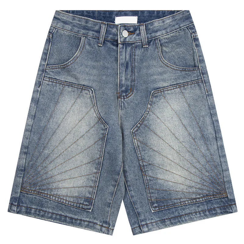 Washed Distressed Embroidered Denim Shorts Hip Hop Jorts