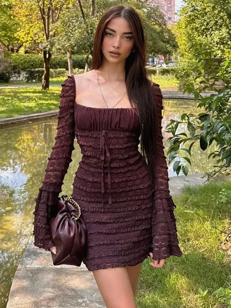 

Summer Vintage Ruffle Lace Mini Dress Square Neck Low Cut Flare Sleeve High Waist Bodycon A-line Party Club Mini Dresses